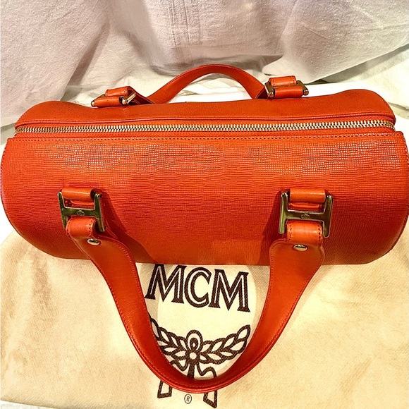 MCM Tangerine Pebbled Leather Satchel With Striking Gold Accents - Picture 12 of 12
